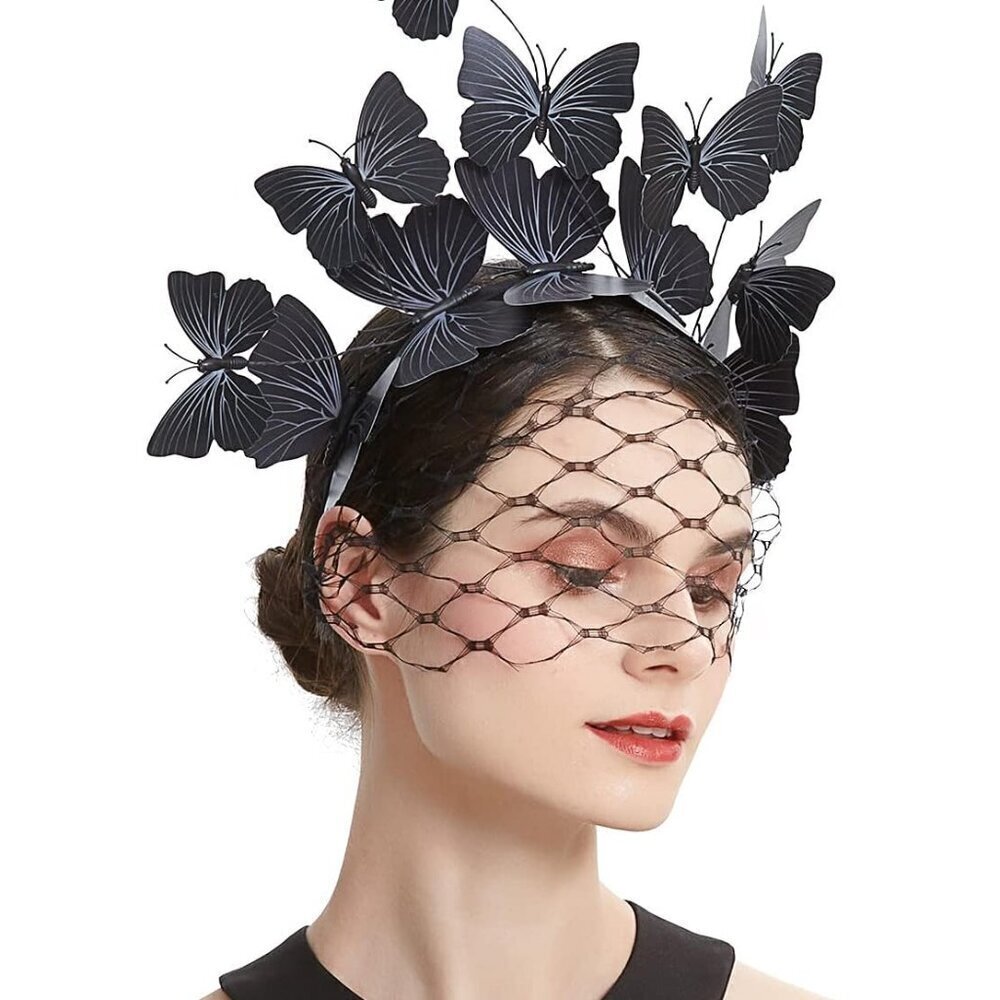 Black Butterfly Fascinator Hat Veil Headband for Derby Tea Party Women's Accesso